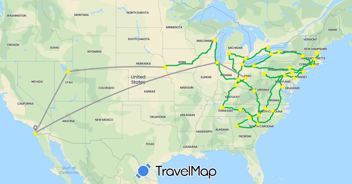 TravelMap itinerary: driving, bus, plane in Canada, United States (North America)