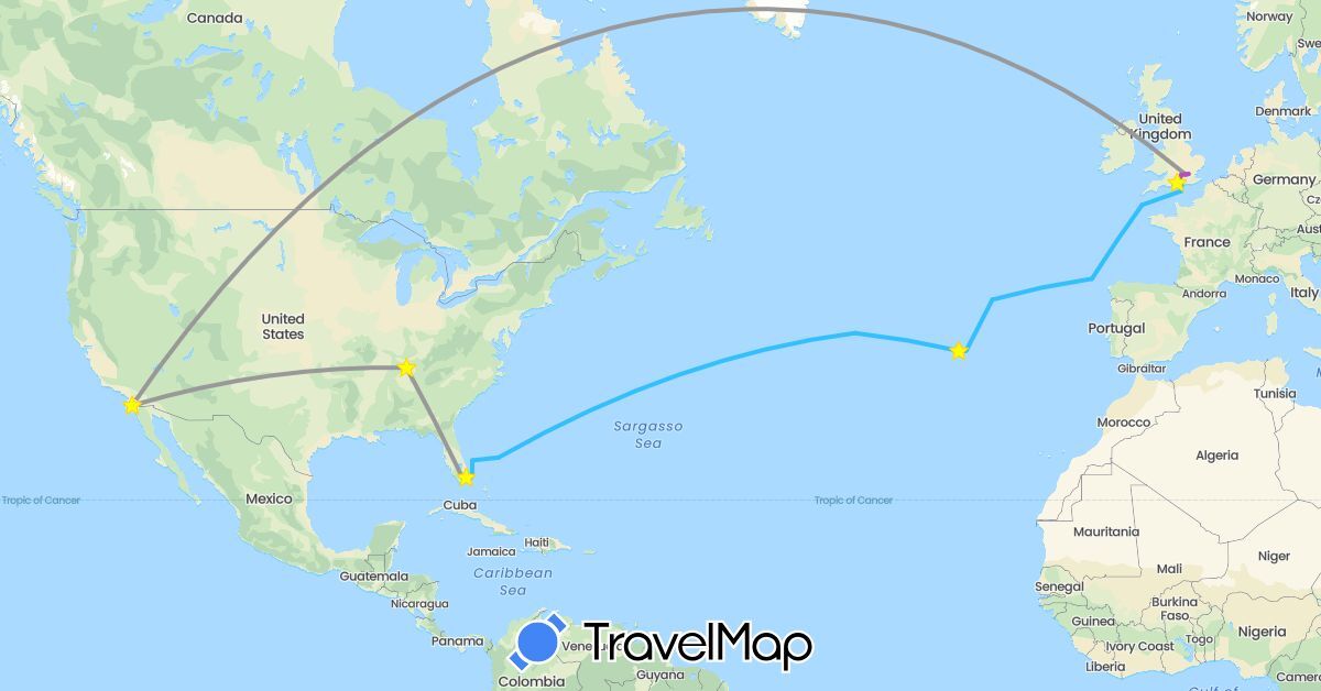 TravelMap itinerary: driving, bus, plane, train, boat in United Kingdom, United States (Europe, North America)