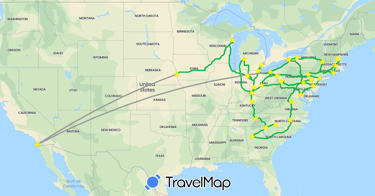 TravelMap itinerary: driving, bus, plane in United States (North America)
