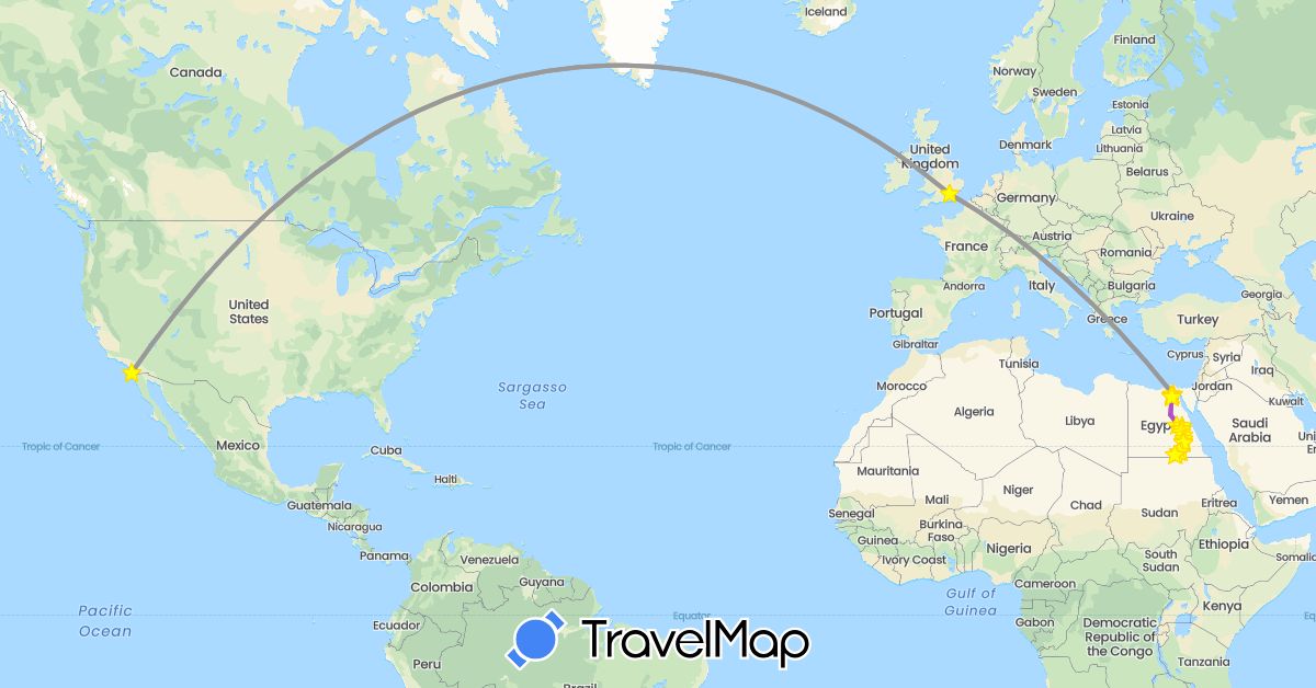 TravelMap itinerary: driving, plane, train, hiking, boat in Egypt, United Kingdom, Sudan, United States (Africa, Europe, North America)