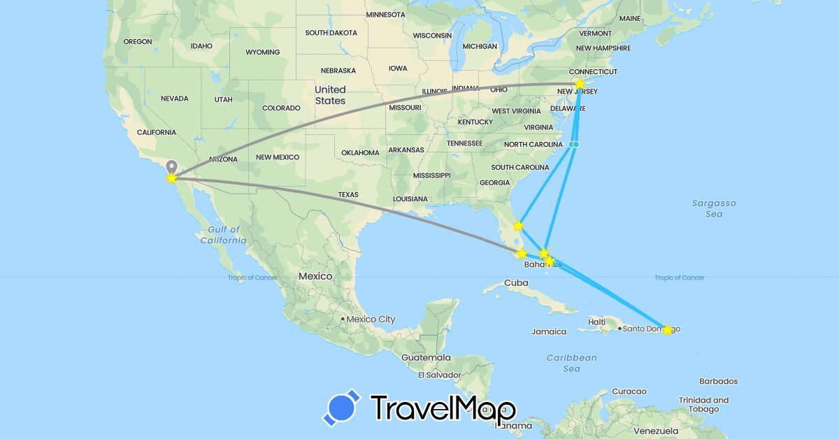 TravelMap itinerary: driving, plane, boat in Bermuda, Bahamas, United States (North America)