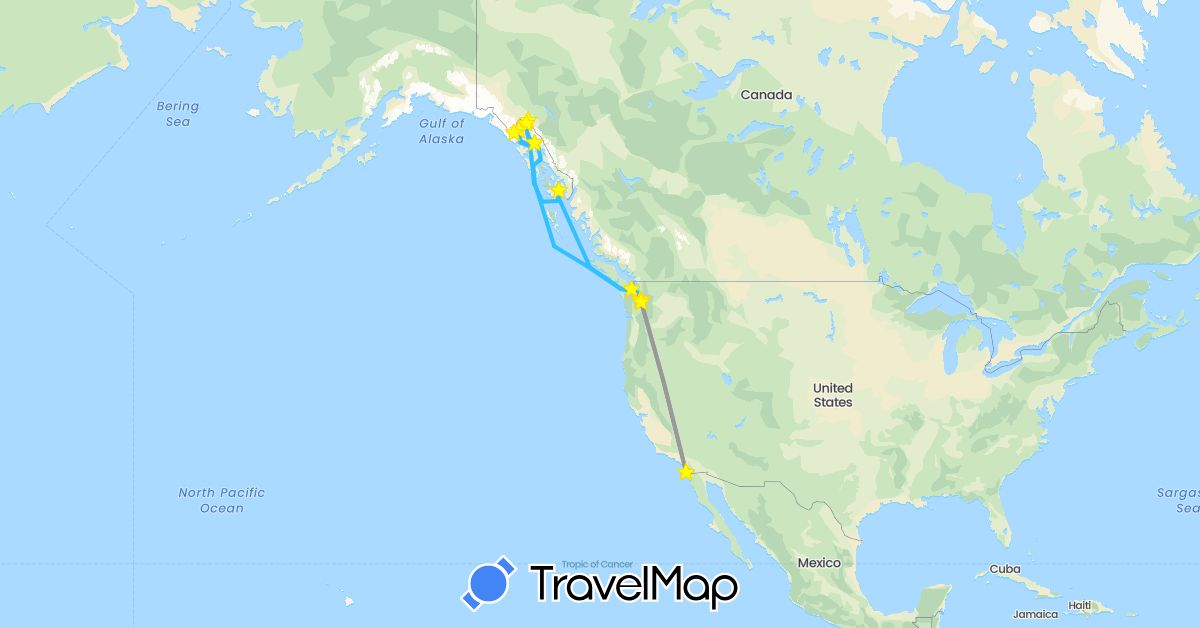 TravelMap itinerary: driving, plane, train, boat in Canada, United States (North America)