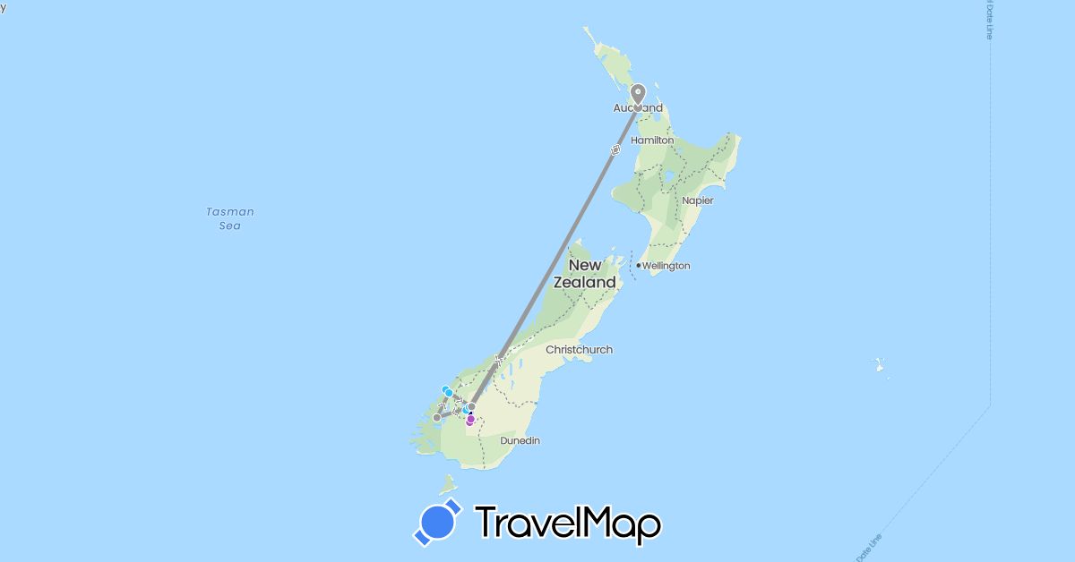 TravelMap itinerary: driving, plane, train, boat in New Zealand (Oceania)