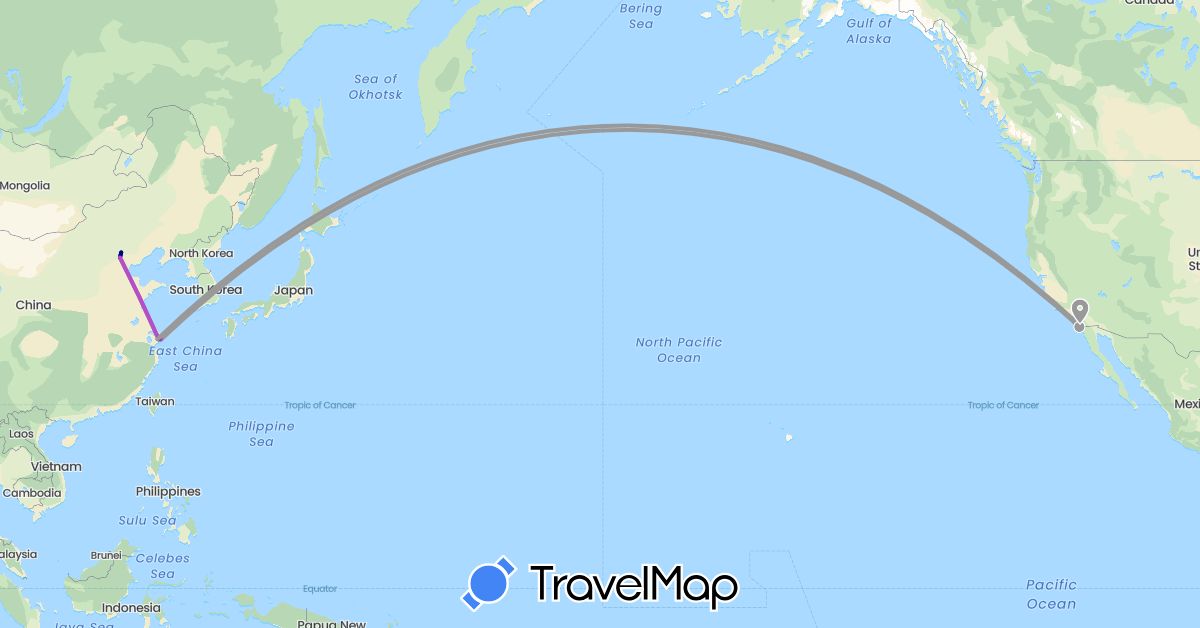 TravelMap itinerary: driving, plane, train, hiking in China, United States (Asia, North America)