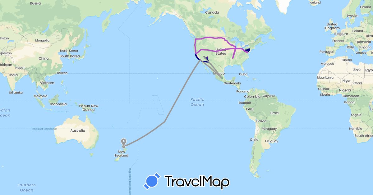 TravelMap itinerary: driving, bus, plane, train in France, Mexico, New Zealand, United States (Europe, North America, Oceania)