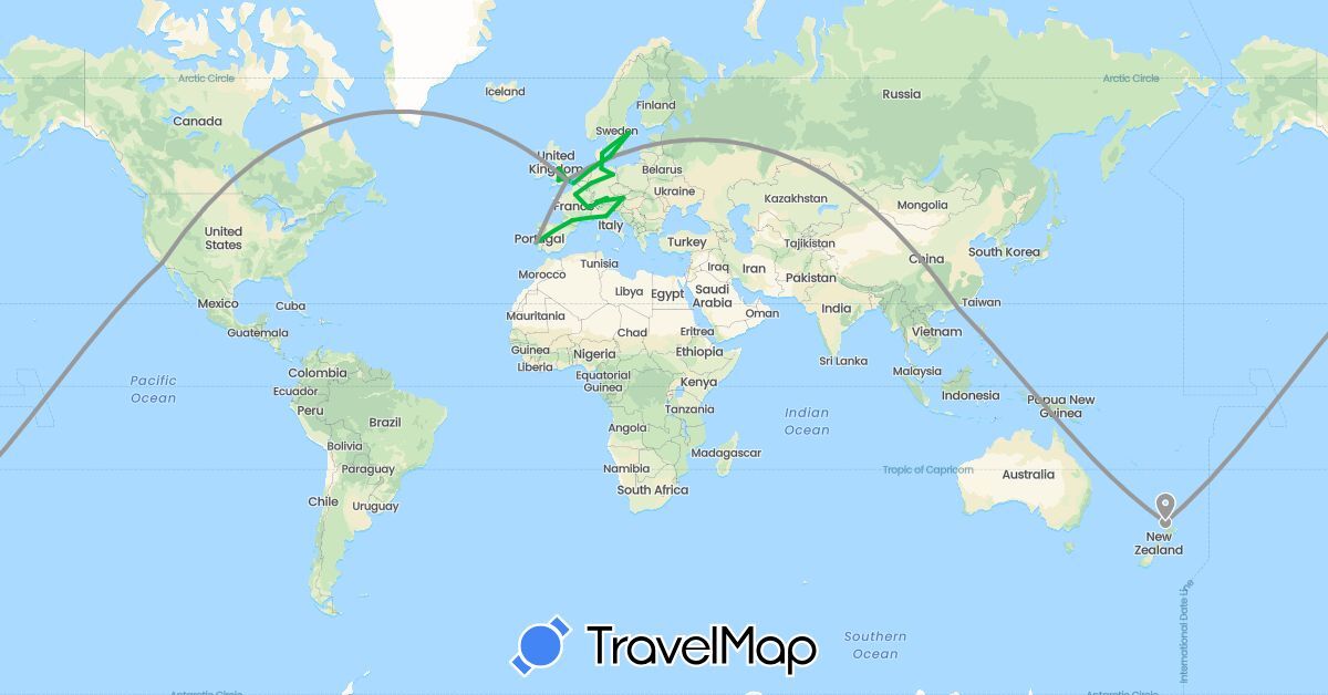 TravelMap itinerary: driving, bus, plane, boat in Austria, Switzerland, China, Germany, Denmark, France, United Kingdom, Italy, New Zealand, Portugal, Sweden, United States (Asia, Europe, North America, Oceania)