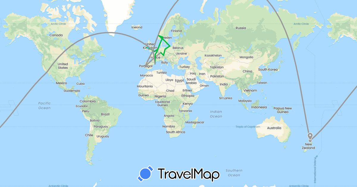 TravelMap itinerary: driving, bus, plane, train, boat in Belgium, Germany, Spain, France, United Kingdom, Ireland, Netherlands, Norway, New Zealand, Poland, Portugal, United States (Europe, North America, Oceania)