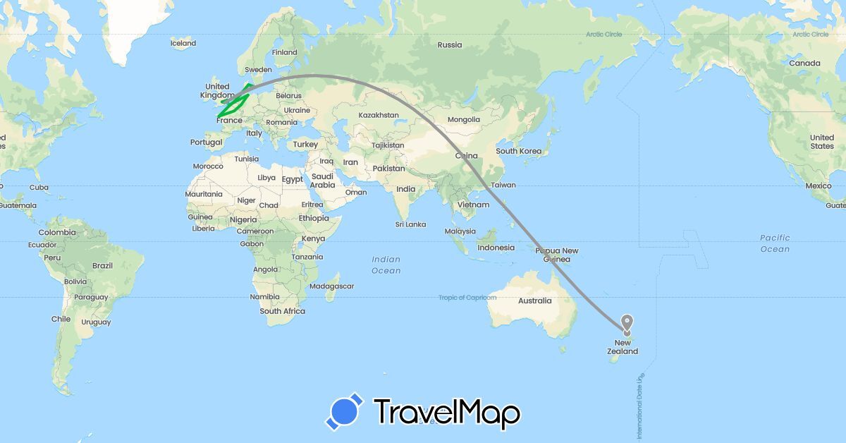 TravelMap itinerary: driving, bus, plane, boat in China, Germany, Denmark, France, United Kingdom, Netherlands, New Zealand (Asia, Europe, Oceania)